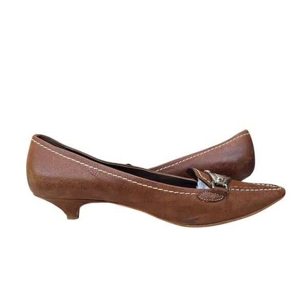 PRADA LEATHER KITTEN HEEL LOAFER PUMP BROWN SIZE 7, EURO 37.5 - Picture 7 of 10